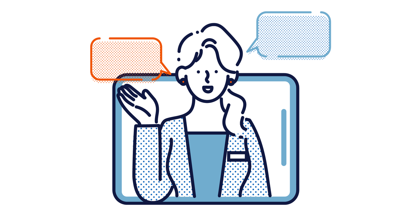 サポートサイトへの誘導リンク。スーツを着た女性が案内をしているイラストが描かれている。